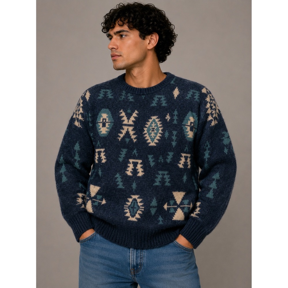 Timberline Vintage USA Made Wool Blend Southwestern Sweater Blue Mens M